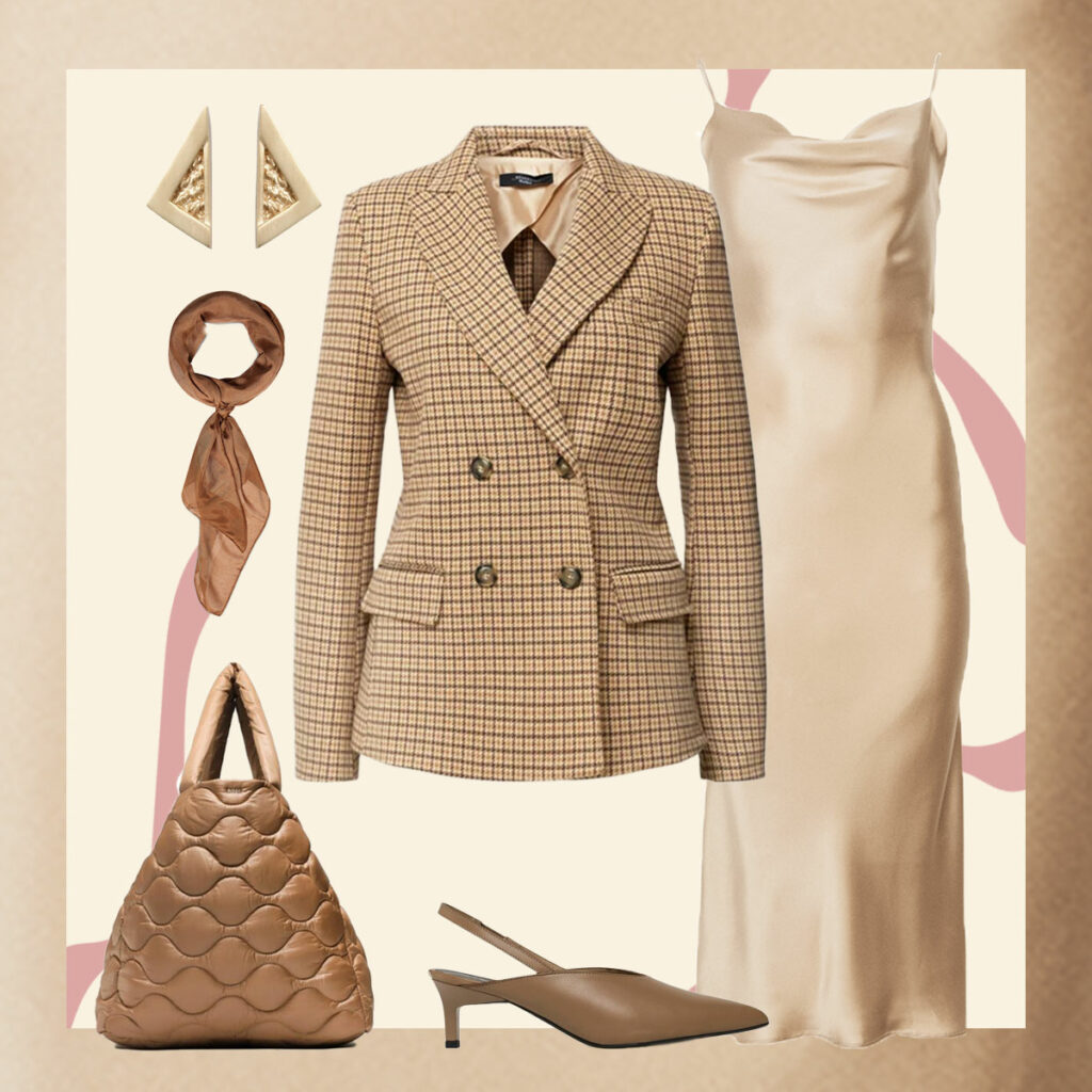 Снимката представя идея за стилизиране - бежово карирано сако, кафяви обувки на нисък ток, бежова слип рокля и бежова гофрирана чанта