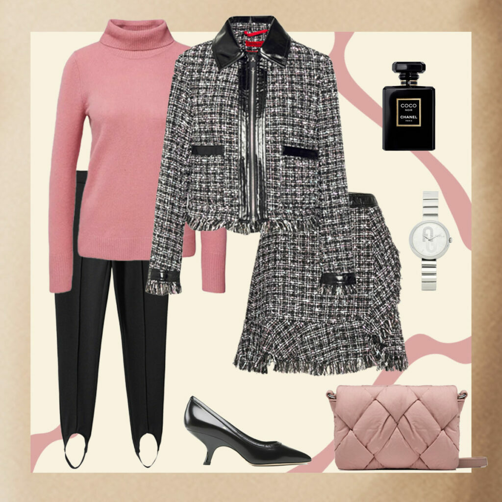 Снимката представя идея за стилизиране - розов пуловер с поло яка, розова дамска чанта от плат, черни обувки на ток с нисък ток, сребрист часовник и черно-бял комплект от туид, състоящ се от сако и мини пола