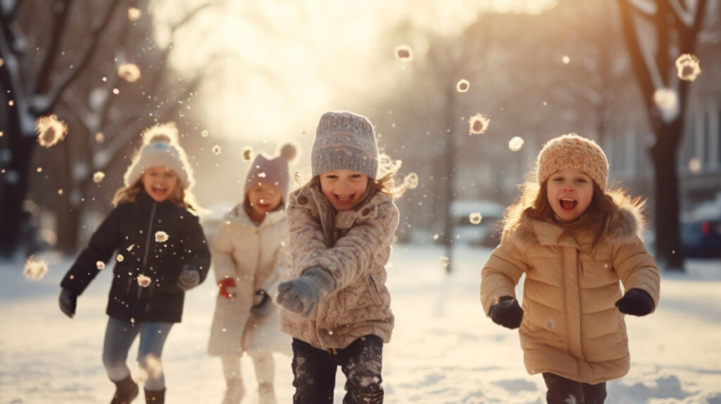 момиченца бягащи в снега с топли зимни якета